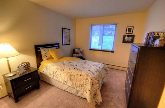 a bedroom with a bed and a dresser and a window