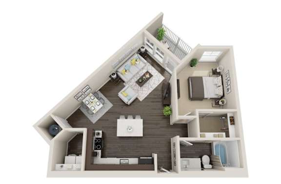 A 3D floor plan of a house with a kitchen, living room, and bedrooms.