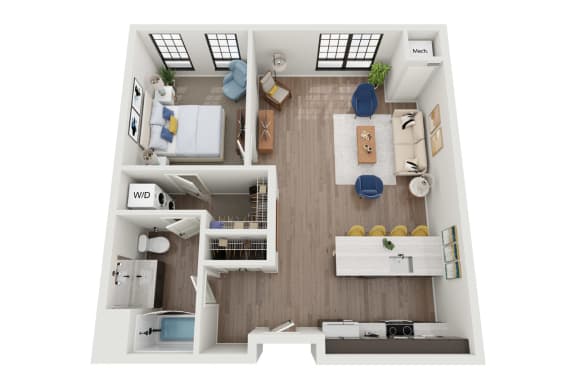 a 1 bedroom floor plan with a bathroom and a living room at The Landing at 1001 NP, Fargo, ND 58102