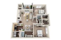 Two bedroom floor plan with walk-in closets at Sonterra Apartments Homes, Austin, TX