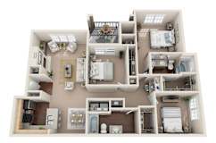 3D floor plan with three bedrooms and two balconies at Sonterra Apartments Homes, Austin, Texas