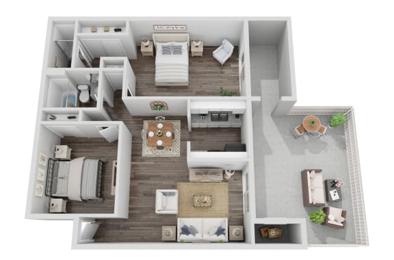 a stylized floor plan with a bedroom and a living room