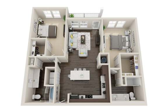A 3D floor plan of a house with a kitchen, living room, and two bedrooms.