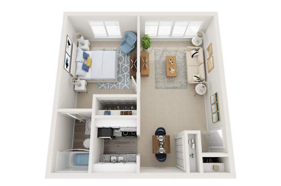 Floor Plan  A white room with a bed, a couch, a chair, a table, a potted plant, and a rug.