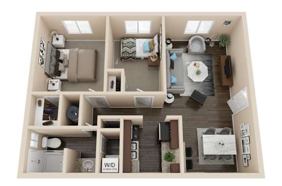 a rendering of a 1 bedroom floor plan with a bathroom and a living room