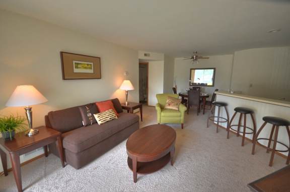 a living room and dining room with a couch and a table