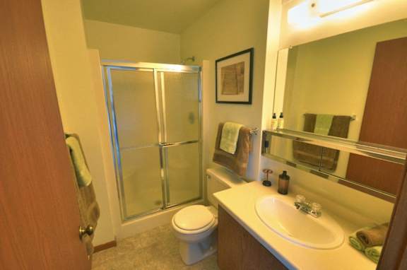 a bathroom with a sink toilet and shower