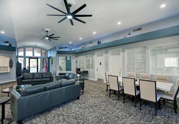 A living room with a grey couch and a ceiling fan.