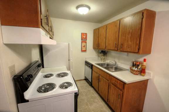 a kitchen with a stove refrigerator and sink