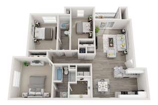Candelabra Floor Plan at Park Edge Apartments in Lenexa, Kansas. Three-bedroom, two-bath layout totaling approximately 1,377 square feet. Features an open-concept main living and dining area connected to a full kitchen, three private bedrooms including a primary suite with its own bathroom, a second full bathroom accessible from the main hallway, and interior pathways connecting all living spaces.