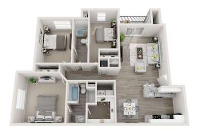 Candelabra Floor Plan at Park Edge Apartments in Lenexa, Kansas. Three-bedroom, two-bath layout totaling approximately 1,377 square feet. Features an open-concept main living and dining area connected to a full kitchen, three private bedrooms including a primary suite with its own bathroom, a second full bathroom accessible from the main hallway, and interior pathways connecting all living spaces.