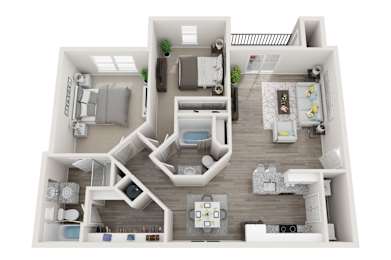 “Sycamore Floor Plan at Park Edge Apartments in Lenexa, Kansas. Two-bedroom, two-bath layout totaling approximately 1,155 square feet. Includes an open-concept main living area with a connected kitchen, two private bedrooms each with direct access to a full bathroom, and interior circulation connecting common and private spaces.