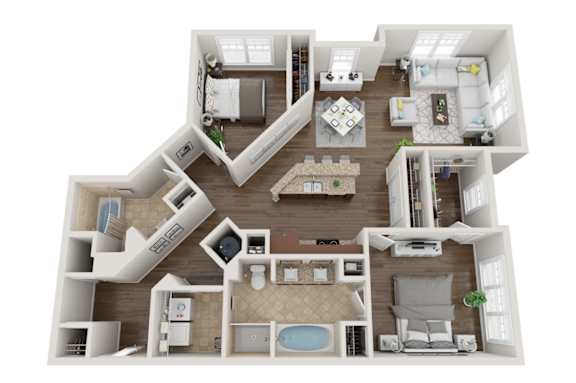 A 3D floor plan of a house with a kitchen, living room, and bathroom.
