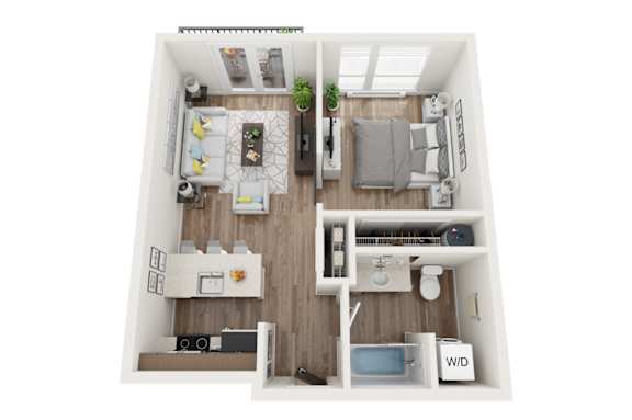A floor plan of a small apartment with a kitchen, living room, and bedroom.