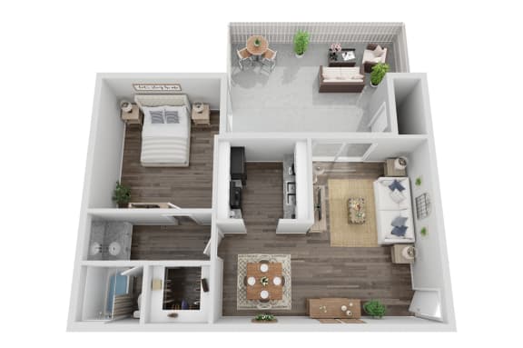 a stylized floor plan with a bedroom and a living room