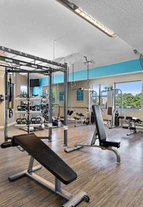 A gym with a variety of equipment including a bench press, a squat rack, and a rowing machine.