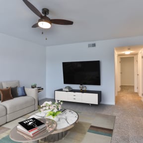 a living room with a couch and a table and a tv