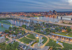an aerial view of the city at nightat The Slate, Jeffersonville, IN