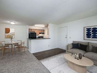 A living room with a couch, a dining table, and a television.