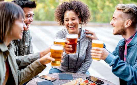 Four people toasting with beer glasses at Spring Woods Apartments, Oregon, 97305