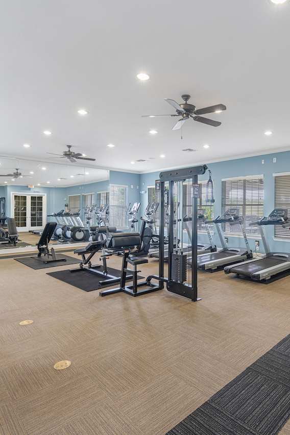 a gym with treadmills and other cardio equipment and ceiling fans