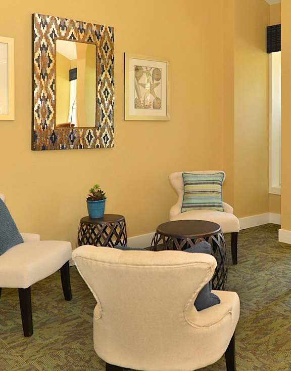 Four chairs are arranged in a circle in a room with yellow walls.
