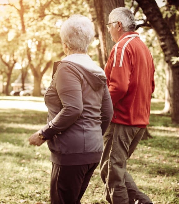 an older couple taking a walk in a park