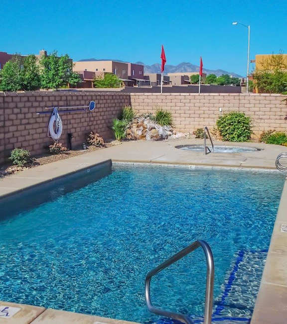 A swimming pool surrounded by a wall and some plants.