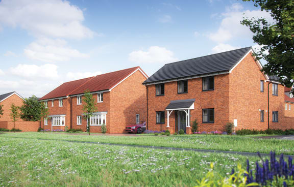 a rendering of a red brick house with a red car parked in front of it