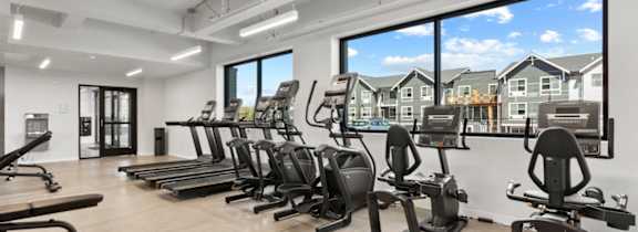 A gym with treadmills, elliptical machines, and a view of a residential area outside the window.