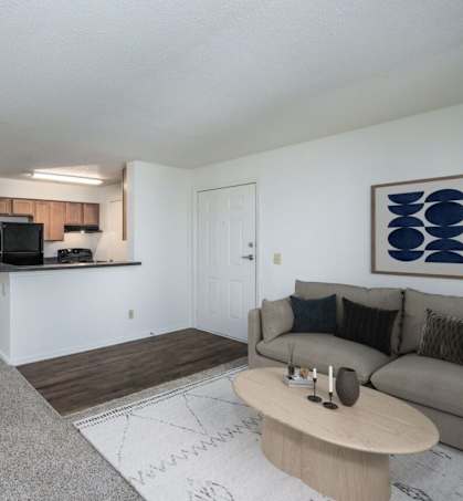 A living room with a couch, a dining table, and a television.