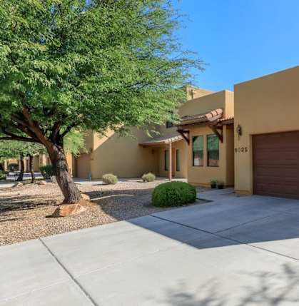 A house with a brown garage door and a tree in front.