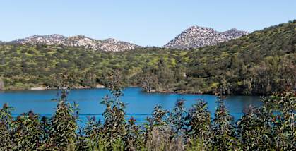 A lake surrounded by greenery and mountains.