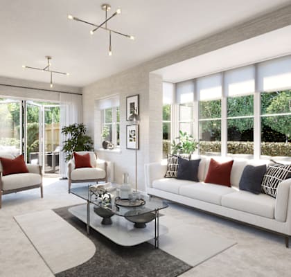 a living room with white furniture and large windows