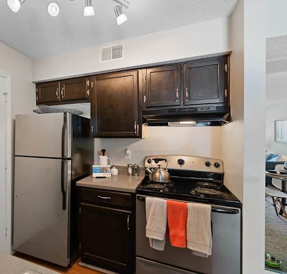A kitchen with black appliances and wooden cabinets.