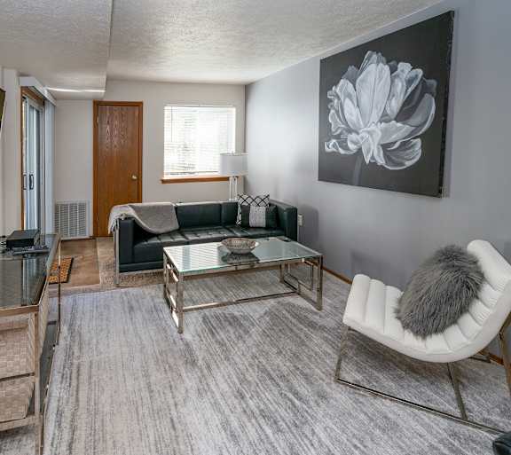 a living room with a couch and a table and a television