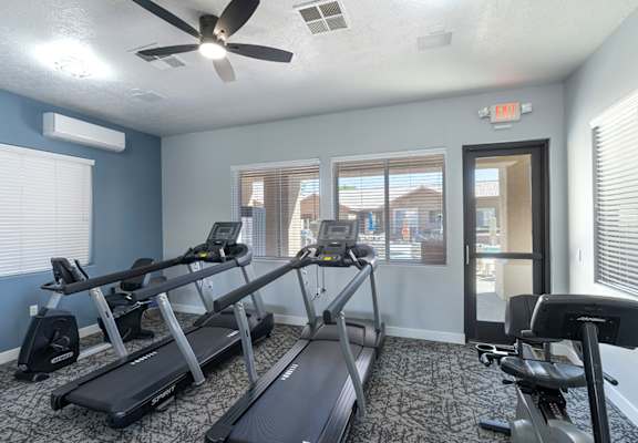 A gym with treadmills, elliptical machines, and a fan.
