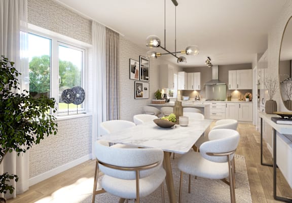 a rendering of a kitchen and dining room with a table and chairs