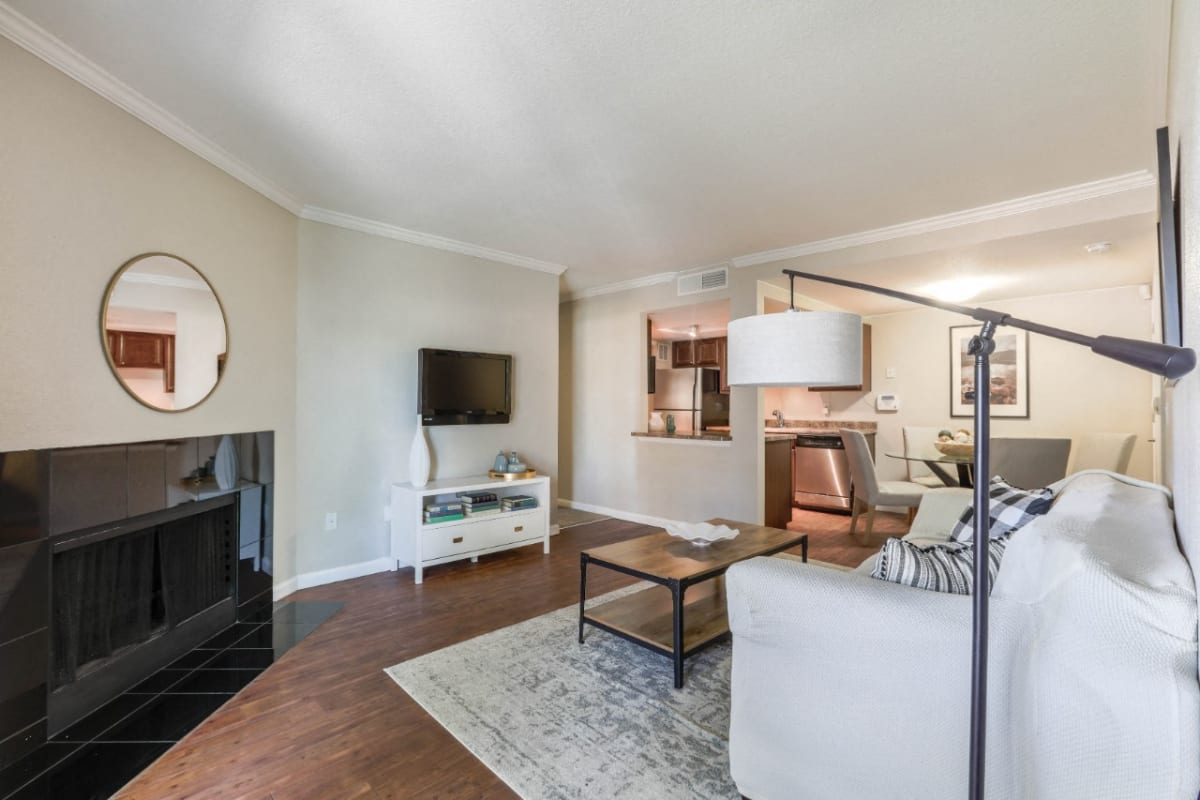 Copper Flats living room with fireplace - Aurora, CO
