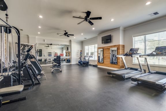 a home gym with weights and cardio equipment