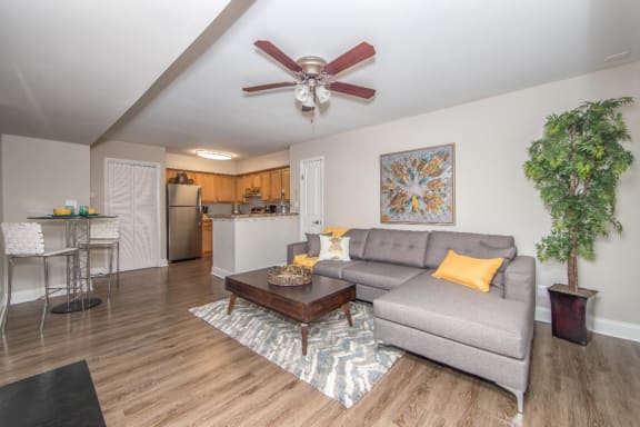 Living room with hardwood floor and ceiling fan at Villages at City Center apartments in Newport News VA