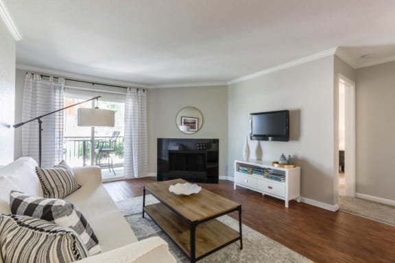 Aurora, CO Apartments for Rent - Copper Flats - Living Room with Wood Plank Flooring, Area Rug, Couch, Coffee Table, Standing Lamp, Storage Cabinet, Wall-Mounted TV, Fireplace, and Sliding Glass Door with Access to Patio.