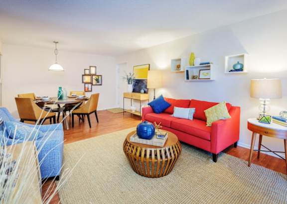 Modern Living Room With Kitchen View at The Pointe at Midtown, Raleigh, NC, 27609