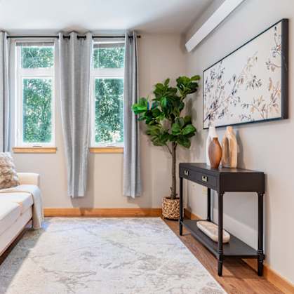 A living room with a couch, chair, and a plant.