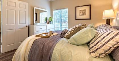 a bedroom with a large bed and a closet