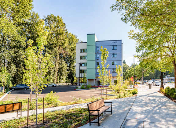 A tree-lined street with a bench and a building in the background.