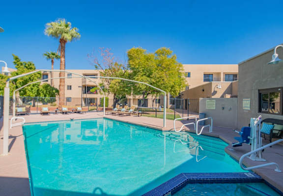 Outdoor pool area at Palazzo Senior Apartments - 55+ Active Adult Apartments, Phoenix, AZ, 85015