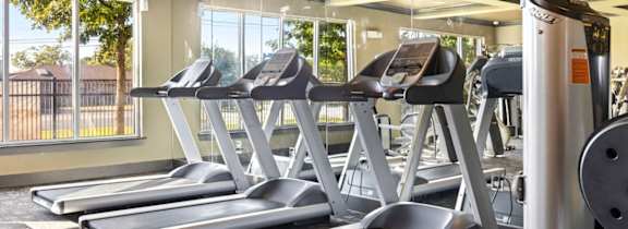A gym with treadmills and a row of windows.