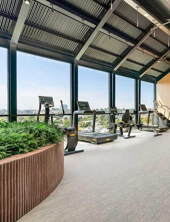 A gym with a variety of equipment including treadmills, weights, and exercise machines.