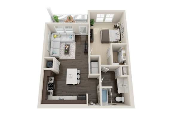 A 3D floor plan of a small apartment with a kitchen, living room, and bedroom.